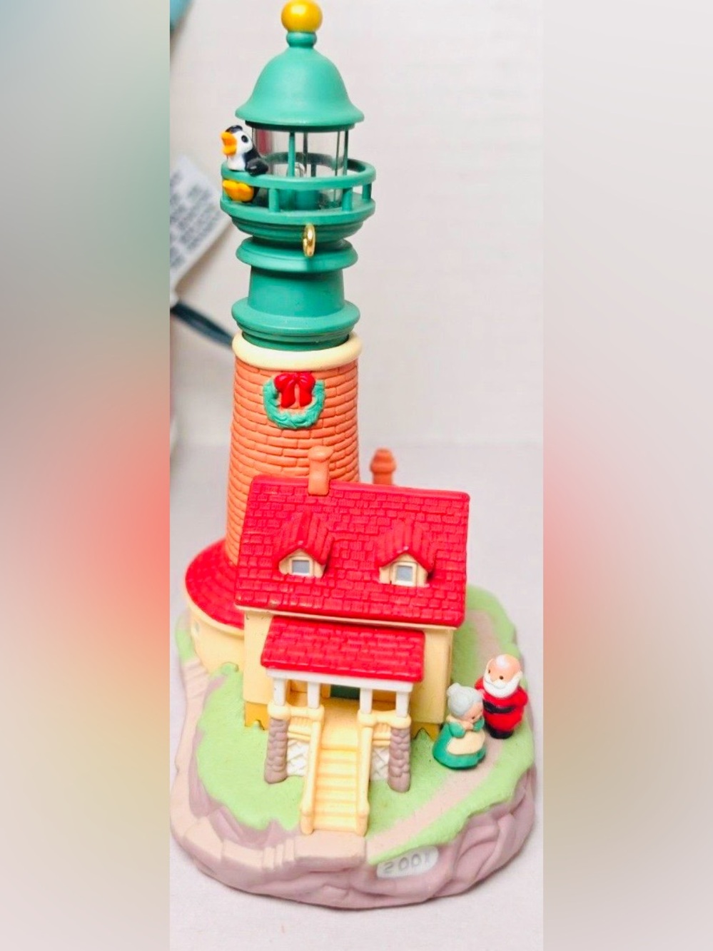 2001 Magic Holiday Lighthouse House Ornament - Red, Teal, Cream